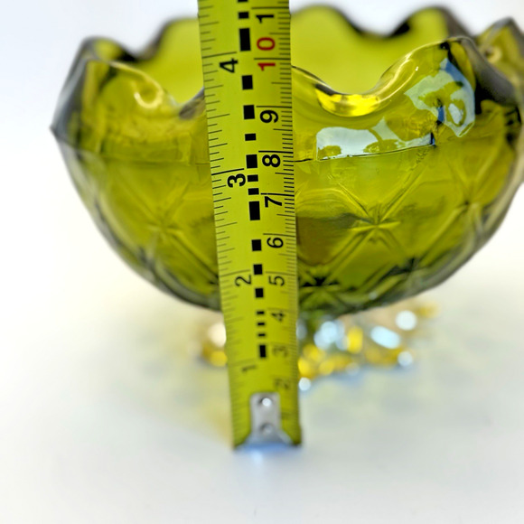 Vintage Green Indiana Glass Bowl Mesh Quilted Diamond Pineapple Metal Base - Picture 7 of 8